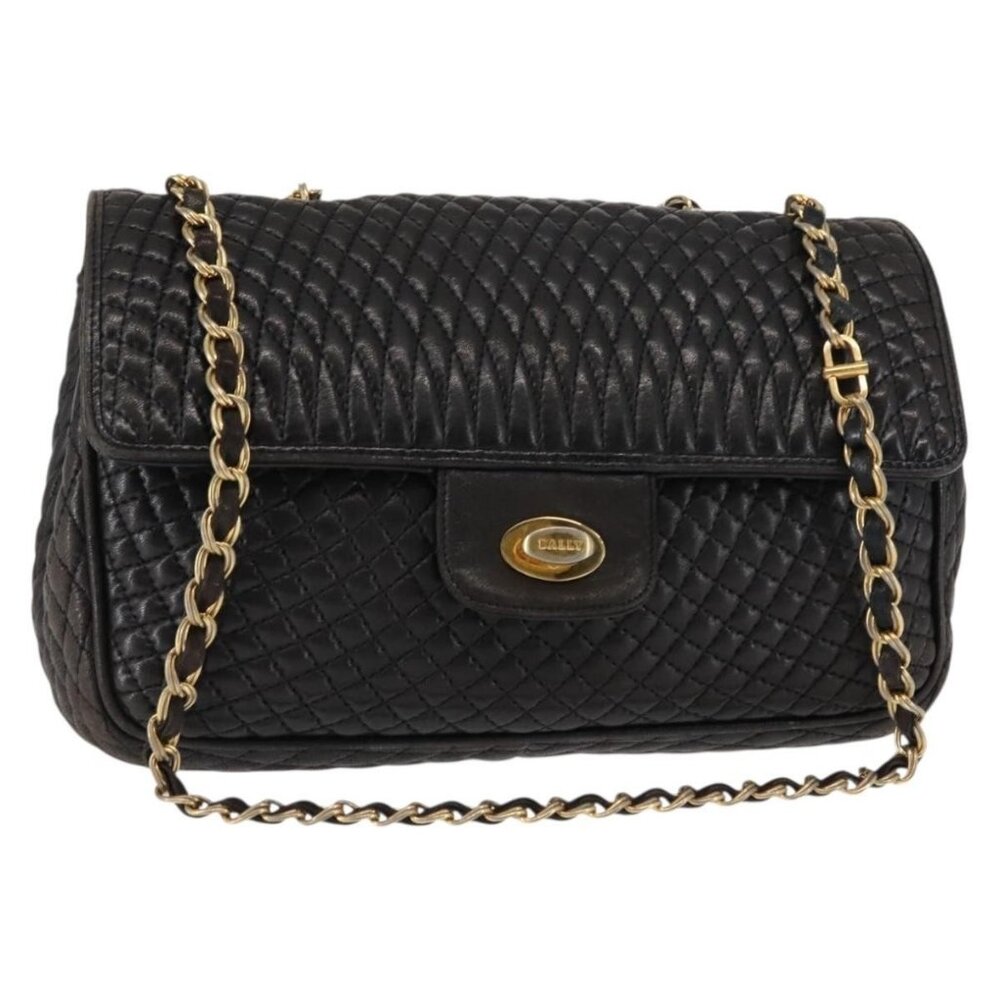Authentic BALLY Chain Shoulder Bag Leather Black